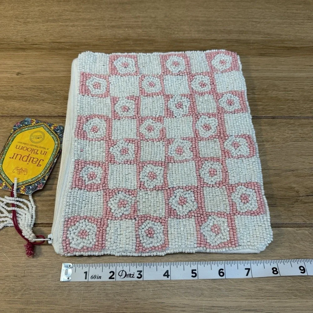 NWT Jaipur In Bloom Beaded Pouch Clutch Pink White Floral Checkered Cotton India